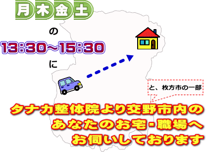 月木金土の13：30～15：30にタナカ整体院より交野市内のあなたのお宅・職場へお伺いしております